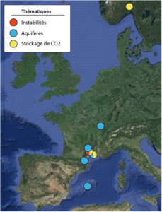 Localisation des sites instrumentés par Géosciences Montpellier et actuellement rattachés à l’OSU-OREME. Des données de géophysique et hydrologue en forage sont régulièrement acquises sur ces sites. La pluspart d’entre eux sont également équipés d’observatoires permanents du sous-sol.